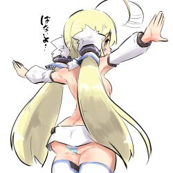 Rule 34 | 1girl, ahoge, ahoge wag, arched back, ass, azur lane, bad id, bad pixiv id, bare shoulders, blonde hair, blush, breasts, brown eyes, butt crack, commentary request, detached sleeves, eldridge (azur lane), expressive hair, facial mark, from behind, gluteal fold, hair between eyes, long hair, long sleeves, looking at viewer, looking back, low twintails, outstretched arms, panties, parted lips, puffy long sleeves, puffy sleeves, sideboob, small breasts, solo, spread arms, striped clothes, striped panties, thighhighs, topless, translation request, twintails, u-non (annon&#039;an), underwear, very long hair, white sleeves, white thighhighs
