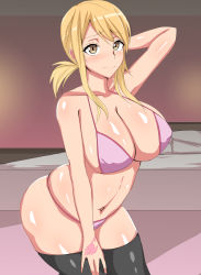 Rule 34 | 1girl, bare arms, bare shoulders, bed, bikini, blonde hair, blush, breasts, curvy, fairy tail, highres, huge breasts, legs, long hair, looking at viewer, lucy heartfilia, navel, pillow, plump, samurai (movemusic), shiny skin, smile, solo, standing, swimsuit, tattoo, thick thighs, thighhighs, thighs, twintails, yellow eyes