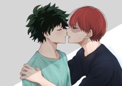 Rule 34 | 2boys, black shirt, boku no hero academia, burn scar, closed eyes, collarbone, commentary request, facing another, from side, green hair, grey background, grey shirt, half-closed eye, hand on another&#039;s shoulder, highres, imminent kiss, male focus, midoriya izuku, miyanami 3, multicolored hair, multiple boys, red hair, scar, scar on face, shirt, short hair, simple background, striped, teeth, todoroki shouto, two-tone hair, white hair, yaoi