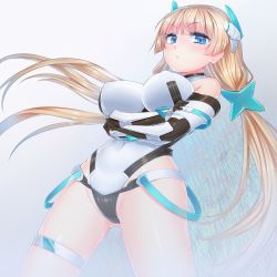Rule 34 | 1girl, angela balzac, armor, bare shoulders, blonde hair, blue eyes, breasts, cowboy shot, crossed arms, detached sleeves, doyouwantto, from below, hair ornament, headgear, highleg, highleg leotard, large breasts, leotard, long hair, looking at viewer, low twintails, partially visible vulva, rakuen tsuihou, solo, thigh strap, thighs, twintails, very long hair
