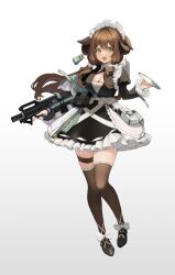 Rule 34 | 1girl, absurdres, animal ears, brown hair, brown thighhighs, cow ears, cow horns, dong ji, full body, gun, highres, horns, original, solo, thighhighs, weapon, white background, yellow eyes
