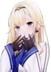 Rule 34 | 1girl, :o, absurdres, aizawa ema, aizawa ema (2nd costume), black gloves, black hairband, blonde hair, blue eyes, blue necktie, blunt bangs, cat earrings, coat, dress, gloves, hairband, highres, lace, lace gloves, long hair, long sleeves, looking at viewer, miko suuuuu, necktie, parted lips, sheer gloves, simple background, solo, virtual youtuber, vspo!, white background, white coat, white dress