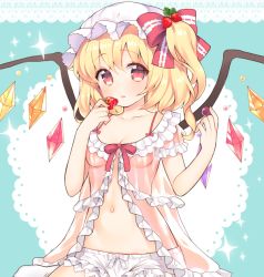 Rule 34 | 1girl, alternate costume, babydoll, blonde hair, bloomers, blush, bow, breasts, cleavage, collarbone, crystal, flandre scarlet, food, food-themed hair ornament, food themed hair ornament, frills, fruit, hair between eyes, hair ornament, hat, hat bow, looking at viewer, mob cap, mugicha (mugicha0929), navel, parted lips, red bow, red eyes, short sleeves, side ponytail, small breasts, solo, stomach, strawberry, strawberry hair ornament, touhou, underwear, wings