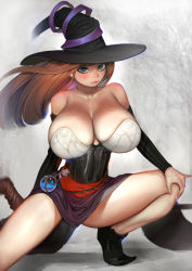 Rule 34 | 1girl, arm warmers, bare shoulders, blue eyes, breasts, brown hair, cleavage, closed mouth, collarbone, corset, dragon&#039;s crown, hat, highres, huge breasts, legs, long hair, looking at viewer, potion, randy (awesomevillage), solo, sorceress (dragon&#039;s crown), squatting, veins, veiny breasts, witch hat