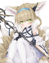 Rule 34 | 1girl, absurdres, animal ears, arknights, black gloves, blush, braid, braided hair rings, breasts, closed mouth, commentary, earpiece, fox ears, fox tail, gloves, green eyes, hair rings, hairband, highres, holding, holding staff, infection monitor (arknights), konagi (konotuki), light brown hair, looking at viewer, material growth, medium hair, multicolored hair, multiple tails, name tag, o-ring, oripathy lesion (arknights), pantyhose, simple background, single glove, sitting, small breasts, smile, solo, staff, suzuran (arknights), tail, two-tone hair, white background, white hair, white pantyhose, wrist cuffs
