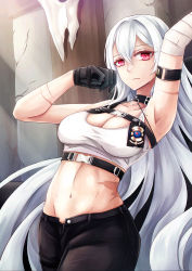 Rule 34 | 1girl, armpits, azur lane, bandages, belt collar, black gloves, black pants, breasts, choker, cleavage, collar, coolnova, gloves, hands up, highres, long hair, looking at viewer, medium breasts, mole, mole under eye, navel, pants, red eyes, scar, shirt, solo, sovetskaya rossiya (azur lane), sovetskaya rossiya (the lackadaisical lookout) (azur lane), sports bra, stomach, strapless, very long hair, white hair, white shirt, white sports bra