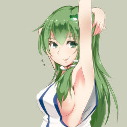 Rule 34 | 1girl, arm up, armpits, breasts, female focus, frog hair ornament, green background, green eyes, green hair, grey background, hair ornament, kochiya sanae, large breasts, long hair, matching hair/eyes, no bra, sideboob, simple background, sketch, smirk, solo, text focus, touhou, translated, yocchi (tenyunkel)