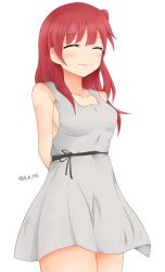 Rule 34 | 1girl, arms behind back, blush, breasts, dress, closed eyes, magi the labyrinth of magic, morgiana, no bra, red hair, sideboob, simple background, smile, solo, tagme