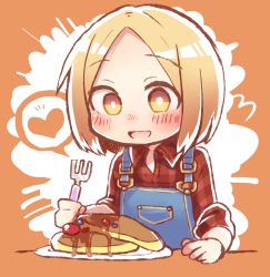 Rule 34 | 1girl, blonde hair, blush, fate/grand order, fate (series), food, fork, happy, heart, highres, nose blush, open mouth, overalls, pancake, paul bunyan (fate), paul bunyan (second ascension) (fate), plaid, plaid shirt, shirt, short hair, sleeves rolled up, smile, solo, spoken heart, wadante, yellow eyes