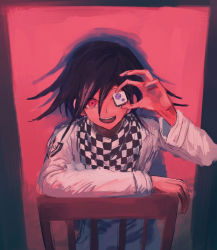 Rule 34 | 1boy, :d, alternate eye color, black hair, chair, checkered clothes, checkered scarf, danganronpa (series), danganronpa v3: killing harmony, elbow rest, grey jacket, hair between eyes, holding, iumi urura, jacket, long sleeves, looking at viewer, male focus, medium hair, open mouth, oma kokichi, red background, scarf, smile, solo, teeth, upper teeth only