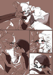 Rule 34 | + +, 2girls, ?, bed, blanket, blush, callie (splatoon), camisole, closed mouth, comic, cousins, fang, frown, greyscale, heart, highres, holding, holding removed eyewear, hug, incest, inkling, looking at another, lying, madaga (animaofmoon), marie (splatoon), mask, mole, mole under eye, monochrome, multiple girls, nintendo, on person, on stomach, open mouth, pillow, pointy ears, puff of air, semi-rimless eyewear, short hair, shorts, sigh, silent comic, sitting, smile, spoken question mark, tentacle hair, under-rim eyewear, under covers, unworn eyewear, yuri