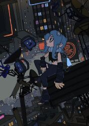 1girl agent_3_(splatoon_3) aqua_eyes aqua_hair arm_on_thigh black_pants black_sleeves black_socks cityscape closed_mouth crop_top detached_sleeves fingerless_gloves foot_dangle gloves grey_sky in-universe_location jaggy_lines knee_up light_frown looking_up neon_sign night nintendo octarian_(enemy) octoling octoling_girl octoling_player_character octostamp pants profile shinnotonari shirt sitting sky sleeveless sleeveless_shirt sleeves_past_wrists socks splatoon_(series) splatoon_3 surreal toeless_footwear torn_clothes torn_shirt wide_shot