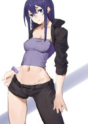 Rule 34 | 1girl, absurdres, asymmetrical clothes, bad hands, black jacket, black pants, blue eyes, blue hair, breasts, cleavage, closed mouth, covered erect nipples, crop top, expressionless, hair between eyes, highres, jacket, jewelry, liudaohai6001, long hair, looking at viewer, medium breasts, midriff, navel, open clothes, open jacket, original, pants, purple hair, sidelocks, simple background, single pantsleg, sketch, solo, strapless, white background
