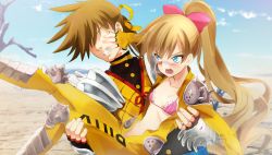 Rule 34 | &gt;:o, 1boy, 1girl, :o, armor, bare tree, bikini, bikini top only, billy the kid (eiyuu senki), blue sky, blush, bodysuit, breasts, buttons, carrying, collarbone, day, desert, eiyuu senki, fingerless gloves, full-face blush, game cg, gloves, hand on another&#039;s face, japanese armor, knee pads, long hair, open bodysuit, open clothes, open mouth, outdoors, panties, pink bikini, plant, ponytail, princess carry, protagonist (eiyuu senki), shoulder pads, shoulder spikes, sky, small breasts, spikes, sweatdrop, swimsuit, tree, underwear, v-shaped eyebrows, very long hair, yellow gloves