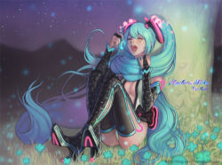 Rule 34 | 1girl, aqua eyes, black thighhighs, blush, boots, breasts, bridal gauntlets, cleavage, closed eyes, clover, four-leaf clover, hair scarf, hatsune miku, holding, holding own hair, kakiman, long hair, night, open mouth, sitting, solo, thigh boots, thighhighs, tree, twintails, very long hair, vocaloid