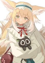 Rule 34 | 1girl, animal, animal ears, arknights, bag, black cat, blonde hair, blue hairband, cat, floral print, fox ears, fox girl, fox tail, frilled hairband, frills, green eyes, hairband, holding, holding animal, holding cat, kitsune, kyuubi, long hair, long sleeves, luo xiaohei, multiple tails, neck ribbon, official alternate costume, official alternate hairstyle, red bag, red ribbon, ribbon, shirt, shoulder bag, simple background, solo, suzuran (arknights), suzuran (spring praise) (arknights), tail, luo xiaohei zhanji, touchika, white background, white shirt
