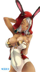Rule 34 | 1girl, :p, animal ears, ar nosurge, arm behind head, arm up, azitama atsushi (attyuu), grabbing another&#039;s breast, breast hold, breasts, cleavage, dark-skinned female, dark skin, ears through headwear, glasses, grabbing, grabbing own breast, grey hair, hair between eyes, head tilt, highres, hood, huge breasts, leotard, long hair, nelico (surge concerto), pince-nez, rabbit ears, red eyes, simple background, solo, surge concerto, swept bangs, tongue, tongue out, white background