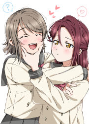 2girls ? absurdres arms_around_neck blush closed_eyes closed_mouth commentary_request grey_hair grey_sailor_collar grey_skirt half_updo hand_on_another&#039;s_cheek hand_on_another&#039;s_face heart highres long_hair long_sleeves looking_at_another love_live! love_live!_sunshine!! multiple_girls open_mouth orange_eyes pleated_skirt pout red_hair sailor_collar sakurauchi_riko school_uniform shirt short_hair simple_background skirt sleeve_cuffs spoken_heart spoken_question_mark standing swept_bangs upper_body uranohoshi_school_uniform watanabe_you white_background white_shirt winter_uniform yuchi_(salmon-1000) yuri