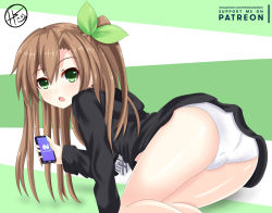 Rule 34 | 1girl, all fours, ass, asymmetrical hair, blush, brown hair, cameltoe, cellphone, female focus, from behind, green eyes, hair ornament, helvetica std, hood, hoodie, if (neptunia), long hair, looking at viewer, looking back, neptune (series), open mouth, panties, pantyshot, phone, shiny skin, side ponytail, solo, underwear