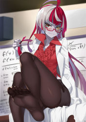 Rule 34 | 1girl, absurdres, alternate costume, blouse, blurry, blush, collared shirt, colored skin, depth of field, feet, female focus, glasses, grey skin, hair down, heterochromia, highres, hololive, hololive indonesia, kureiji ollie, lab coat, long hair, looking at viewer, multicolored hair, pantyhose, red eyes, red hair, red shirt, shirt, soles, solo, stitched face, stitches, symbol-shaped pupils, toes, two-tone hair, very long hair, virtual youtuber, wavy mouth, whiteboard, yellow eyes
