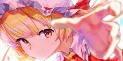 Rule 34 | 1girl, ascot, blonde hair, bloom, blurry, blurry foreground, close-up, closed mouth, collared shirt, crystal, flandre scarlet, frilled shirt collar, frills, hat, hat ribbon, highres, looking at viewer, mob cap, reaching, reaching towards viewer, red eyes, red ribbon, red vest, ribbon, shirt, short hair, smile, solo, touhou, vest, white hat, white shirt, wings, yellow ascot, yuara