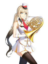 Rule 34 | 1girl, band uniform, bare shoulders, black hair, black thighhighs, blonde hair, blue eyes, breasts, buttons, cleavage cutout, closed mouth, closers, clothing cutout, collared jacket, cowboy shot, double-breasted, fold-over gloves, french horn, gloves, gradient hair, hand up, harpy (closers), hat, highres, holding, holding instrument, instrument, jacket, large breasts, leg up, long hair, marching band, mini shako cap, miniskirt, mole, mole under eye, multicolored hair, necktie, official art, pleated skirt, ponytail, red necktie, shako cap, sidelocks, skirt, sleeveless, sleeveless jacket, smile, solo, thighhighs, uniform, v-shaped eyebrows, very long hair, walking, white background, white gloves, white hat, white jacket, white skirt, wing collar, zettai ryouiki