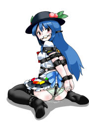 Rule 34 | 1girl, ankle cuffs, ball gag, belt, blue hair, boots, bound, bound arms, chain, empty eyes, food, fruit, gag, hat, high heel boots, high heels, hinanawi tenshi, lilish, lock, long hair, looking at viewer, looking back, padlock, panties, peach, red eyes, sitting, solo, striped clothes, striped panties, touhou, underwear, very long hair, wariza, wrist cuffs