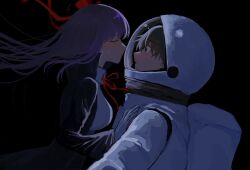 Rule 34 | 1473ex, 1boy, 1girl, astronaut, backpack, bag, bb (fate), black background, black jacket, blush, bow, bowtie, brown eyes, brown hair, closed eyes, collared jacket, collared shirt, commentary request, eyelashes, fate/extra, fate/extra ccc, fate/grand order, fate (series), from side, glass, gloves, hair bow, hair lift, hand on another&#039;s shoulder, helmet, hetero, high collar, highres, jacket, kishinami hakuno (male), kiss, long hair, long sleeves, looking at another, open clothes, open jacket, open mouth, purple hair, red bow, red bowtie, shirt, short hair, space helmet, spacesuit, upper body, white bag, white gloves, white headwear, white shirt