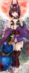 Rule 34 | 1girl, bare shoulders, bob cut, breasts, bridal gauntlets, cherry blossoms, collarbone, eyeliner, fate/grand order, fate (series), full moon, gourd, headpiece, highres, horns, japanese clothes, kimono, long sleeves, looking at viewer, makeup, moon, navel, obi, off shoulder, oni, parted lips, purple eyes, purple hair, purple kimono, red moon, reki (dezuko), revealing clothes, sash, short hair, shuten douji (fate), skin-covered horns, small breasts, smile, thighs, wide sleeves