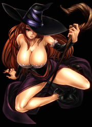 Rule 34 | 1girl, bare shoulders, black panties, breasts, brown eyes, brown hair, chiba toshirou, cleavage, detached sleeves, dragon&#039;s crown, dress, hat, hat over one eye, large breasts, legs, long hair, panties, shoes, side slit, solo, sorceress (dragon&#039;s crown), spread legs, staff, strapless, strapless dress, thighs, underwear, vanillaware, witch hat