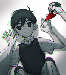 Rule 34 | 1boy, arm support, blank eyes, chromatic aberration, collared shirt, commentary request, dual persona, expressionless, from above, greyscale, holding, holding knife, knife, looking at viewer, lying, male focus, monochrome, no pupils, omori, on back, out of frame, pov, pov hands, shadow, shirt, short hair, short sleeves, shorts, simple background, sitting, solo focus, spot color, stab, sunny (omori), sweater vest, thighhighs, toastytoast, upper body, wariza, white background