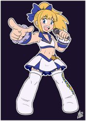 Rule 34 | 1girl, :d, android, blonde hair, blue bow, blue eyes, blunt bangs, blush, boots, bow, frilled bracelet, full body, hair bow, high ponytail, holding, holding microphone, ian dimas, idol, long hair, mega man (classic), mega man (series), microphone, midriff, miniskirt, navel, open mouth, pointing, pointing at viewer, ponytail, ribbon, roll (mega man), simple background, skirt, smile, solo, standing, thigh boots, thighhighs, zettai ryouiki