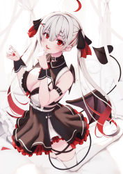 Rule 34 | 1girl, ahoge, arm strap, black choker, black ribbon, black skirt, blush, bra, braid, breasts, choker, cleavage, colored inner hair, demon girl, demon tail, demon wings, detached wings, finger to mouth, frilled skirt, frills, full body, hair between eyes, hair ribbon, high-waist skirt, highres, large breasts, long hair, looking at viewer, multicolored hair, nail polish, no shoes, nyan (reinyan 007), on bed, original, parted lips, red eyes, red hair, red nails, red ribbon, ribbon, shushing, skirt, solo, tail, thigh strap, thighhighs, two-tone hair, underwear, very long hair, white bra, white hair, white thighhighs, wings, wrist cuffs