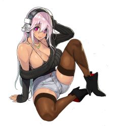 Rule 34 | 1girl, ankle boots, arm support, bikini, bikini top only, black thighhighs, boots, breasts, cleavage, headphones, high heel boots, high heels, jewelry, knee up, large breasts, long hair, looking at viewer, nail polish, necklace, nitroplus, off shoulder, parted lips, pink eyes, pink hair, short shorts, shorts, sitting, solo, super sonico, sweater, swimsuit, thighhighs, tsuji santa