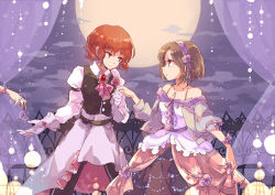 Rule 34 | 3girls, alternate costume, ascot, bare shoulders, belt, brooch, brown eyes, brown hair, cloud, curtains, eye contact, fence, full moon, gloves, hairband, horikawa raiko, jewelry, juliet sleeves, long sleeves, looking at another, moon, multiple girls, necklace, night, pendant, puffy short sleeves, puffy sleeves, red eyes, red hair, ring, sash, shirt, short sleeves, skirt, sky, touhou, tsukumo benben, tsukumo yatsuhashi, white gloves, yetworldview kaze