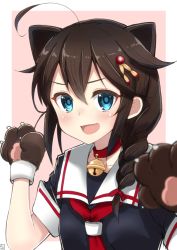 Rule 34 | 10s, 1girl, animal ears, animal hands, bell, black hair, blue eyes, braid, collar, fang, gloves, hair ornament, hair over shoulder, kantai collection, long hair, looking at viewer, nayuhi (yukimuu14), neck bell, open mouth, paw gloves, school uniform, serafuku, shigure (kancolle), shigure kai ni (kancolle), single braid, smile, solo