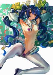 Rule 34 | 1girl, ahoge, amamiya kokoro, armpits, arms up, bell, blue footwear, blue hair, blue nails, blush, breasts, cameltoe, card, commentary, covered erect nipples, detached collar, detached sleeves, flower knot, frilled sleeves, frills, full body, hair bell, hair between eyes, hair bobbles, hair ornament, heart pasties, highres, large breasts, long hair, looking at viewer, maebari, meme attire, nail polish, navel, nijisanji, parted lips, pasties, playing card, poker chip, reverse bunnysuit, reverse outfit, shoes, solo, spread legs, stomach, tareme, tassel, twintails, urokong, virtual youtuber, wavy hair, white legwear, wide sleeves, x hair ornament, yellow eyes