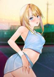 Rule 34 | 1girl, absurdres, armpits, bare shoulders, belly, blonde hair, blue eyes, blue shirt, blue skirt, blush, character request, copyright request, highres, looking at viewer, mairudo (mildcoffee1117), navel, open mouth, shirt, short hair, skirt, solo, stomach, tennis court, thighs, wristband