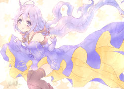 Rule 34 | 1girl, :d, azur lane, black thighhighs, commentary request, cosplay, detached sleeves, dress, fujieda miyabi, hair ornament, long hair, looking at viewer, open mouth, purple dress, purple eyes, purple hair, signature, smile, solo, thighhighs, unicorn (azur lane), unicorn (little star songstress) (azur lane), vocaloid, wind, xingchen, xingchen (cosplay), zettai ryouiki