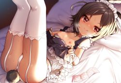 Rule 34 | 1girl, :p, anal tail, animal ear fluff, animal ears, ass, azur lane, bed, blue dress, breasts, breasts out, brown eyes, brown hair, clothes lift, clothing cutout, commentary request, condom, condom packet strip, condom wrapper, dark-skinned female, dark skin, dress, dress lift, fake tail, feet out of frame, female focus, garter straps, highres, i-26 (azur lane), legs, legs up, licking lips, lifting own clothes, looking at viewer, lying, maid, maid headdress, nipples, no shirt, on back, on bed, panties, pillow, rabbit ears, rabbit tail, short dress, short hair, side-tie panties, small breasts, smile, solo, sweat, tail, tail through clothes, thighhighs, thighs, tongue, tongue out, underwear, white panties, white thighhighs, wrist cuffs, yufukiri