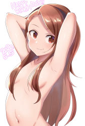 Rule 34 | 1girl, armpits, arms behind head, black hairband, breasts, brown hair, closed mouth, completely nude, dated, hair over breasts, hairband, happy birthday, highres, idolmaster, idolmaster (classic), konboi-eg, long hair, looking at viewer, minase iori, nude, red eyes, small breasts, smile, solo, upper body