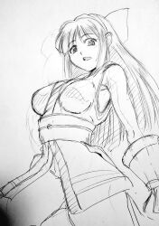 Rule 34 | 1girl, ainu clothes, armpit peek, breasts, fingerless gloves, gloves, hair ribbon, highres, large breasts, legs, long hair, looking at viewer, monochrome, nakoruru, open mouth, pants, ribbon, samurai spirits, snk, solo, the king of fighters, thighs, traditional media