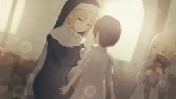 Rule 34 | 3girls, black dress, blonde hair, blurry, blurry background, brown eyes, brown hair, child, closed eyes, commentary request, depth of field, dress, dutch angle, habit, highres, indoors, long hair, long sleeves, misaki nonaka, multiple girls, nijisanji, nun, hugging object, open mouth, red ribbon, ribbon, short hair, short sleeves, sister claire, sister claire (1st costume), stuffed animal, stuffed raccoon, stuffed toy, teeth, traditional nun, upper teeth only, very long hair, virtual youtuber, white dress, window