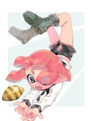 Rule 34 | 1girl, bad id, bad twitter id, black shorts, border, catching, falling, fangs, from above, full body, grey background, grey eyes, grey footwear, highres, inkling, inkling girl, inkling player character, legs up, long sleeves, lying, nintendo, open mouth, pink hair, plum0o0, pointy ears, sailor collar, school uniform, seashell, shell, shirt, shoes, short hair, short shorts, shorts, simple background, splatoon (series), v-shaped eyebrows, white background, white border, white shirt