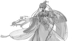 Rule 34 | 1girl, chinese clothes, drenbof, embroidery, greyscale, hair ornament, highres, instrument, layered clothes, long braid, long hair, looking at viewer, monochrome, mu tian ming, solo, tassel, thunderbolt fantasy, thunderbolt fantasy:bewitching melody of the west, very long hair, white background, wide sleeves