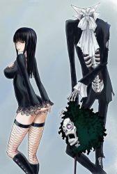 Rule 34 | 1boy, 1girl, arms behind back, ascot, black hair, black suit, boots, breasts, brook (one piece), cane, covering ass, covering privates, disembodied head, dress, fishnet thighhighs, fishnets, formal, heart, heart-shaped eyes, jpeg artifacts, knee boots, kon-kit, large breasts, long hair, looking back, nico robin, nico robin (thriller bark), one piece, shirt, short dress, skeleton, skirt, suit, thighhighs, thriller bark, undead, white shirt, zettai ryouiki