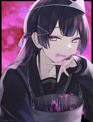 Rule 34 | 1girl, artist name, black hair, black sailor collar, black serafuku, blood, blood from mouth, blunt bangs, braid, bucket, french braid, grin, hair ornament, hair ribbon, hairclip, highres, hime cut, holding, holding bucket, long hair, looking at viewer, looking to the side, nijisanji, official alternate costume, pink background, pink blood, pink eyes, ribbon, sailor collar, school uniform, serafuku, sleeves past wrists, smile, solo, toshio, triangular headpiece, tsukino mito, tsukino mito (5th costume), upper body, virtual youtuber, white headwear, wiping mouth
