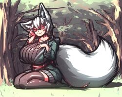 Rule 34 | 1girl, absurdres, animal ear fluff, animal ears, black thighhighs, bow, breasts, feet, floofsmear, floral background, forest, fox ears, fox girl, fox tail, grass, green jacket, grey hair, hair between eyes, hand on own chest, hand up, highres, huge breasts, jacket, large bow, looking at viewer, nature, naughty face, on grass, on ground, open clothes, open jacket, original, red eyes, red ribbon, resolution mismatch, ribbon, seiza, self-upload, sitting, smile, solo, solo focus, source smaller, tail, thighhighs, thighs, tree, waist bow, white hair, wide hips, zettai ryouiki