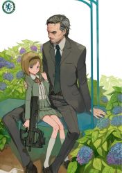Rule 34 | 00s, 1boy, 1girl, age difference, angry, barclays premier league, between legs, black hair, bob cut, brown hair, bullpup, chelsea fc, fakepucco, flower, formal, frilled shirt, frills, garden, green skirt, gun, gunslinger girl, happy, henrietta (gunslinger girl), holding, holding weapon, horizontal magazine, hydrangea, jacket, jose mourinho, long sleeves, looking at viewer, looking to the side, miniskirt, name connection, necktie, p90, personal defense weapon, pleated skirt, red ribbon, ribbon, see-through, shirt, short hair, simple background, sitting, skirt, smile, socks, submachine gun, suit, translucent, weapon, white background, white legwear