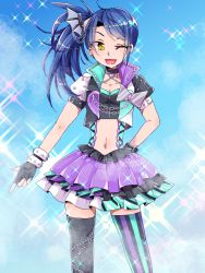 Rule 34 | 1girl, blue hair, chain, collar, fingerless gloves, gloves, heart, long hair, looking at viewer, miyachu, navel, one eye closed, open mouth, pretty series, pripara, skirt, solo, striped clothes, striped thighhighs, thighhighs, toudou shion, vertical-striped clothes, vertical-striped thighhighs, yellow eyes, zettai ryouiki